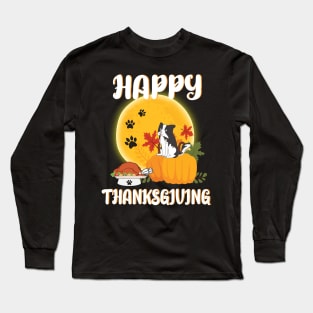 Boder Collie Seeing Turkey Dish Happy Halloween Thanksgiving Merry Christmas Day Long Sleeve T-Shirt